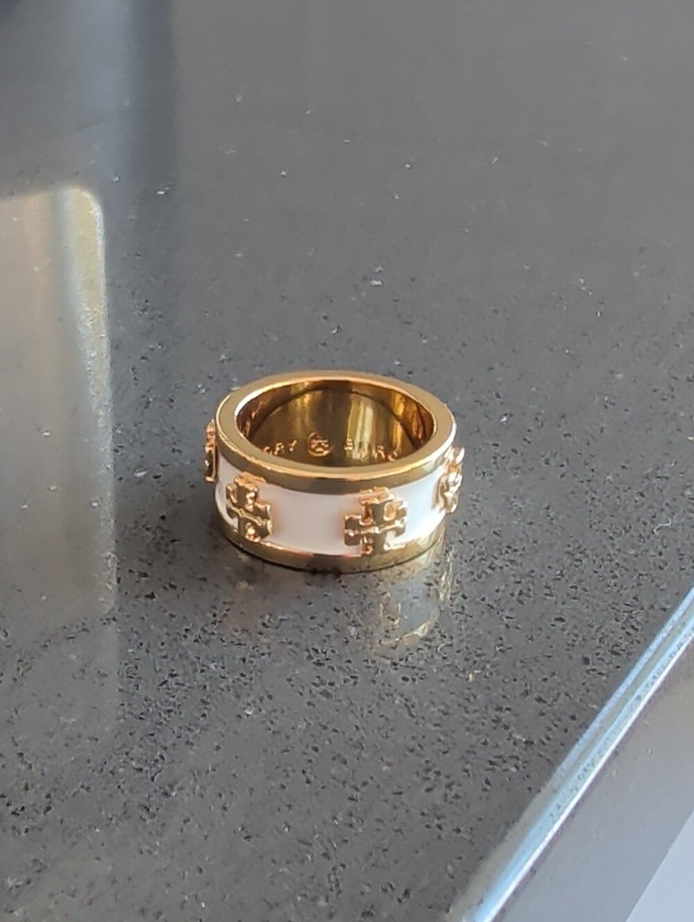 Tory Burch Yellow Gold Plated Enamel Band Ring White Logo Design Sz 7.75 - W49